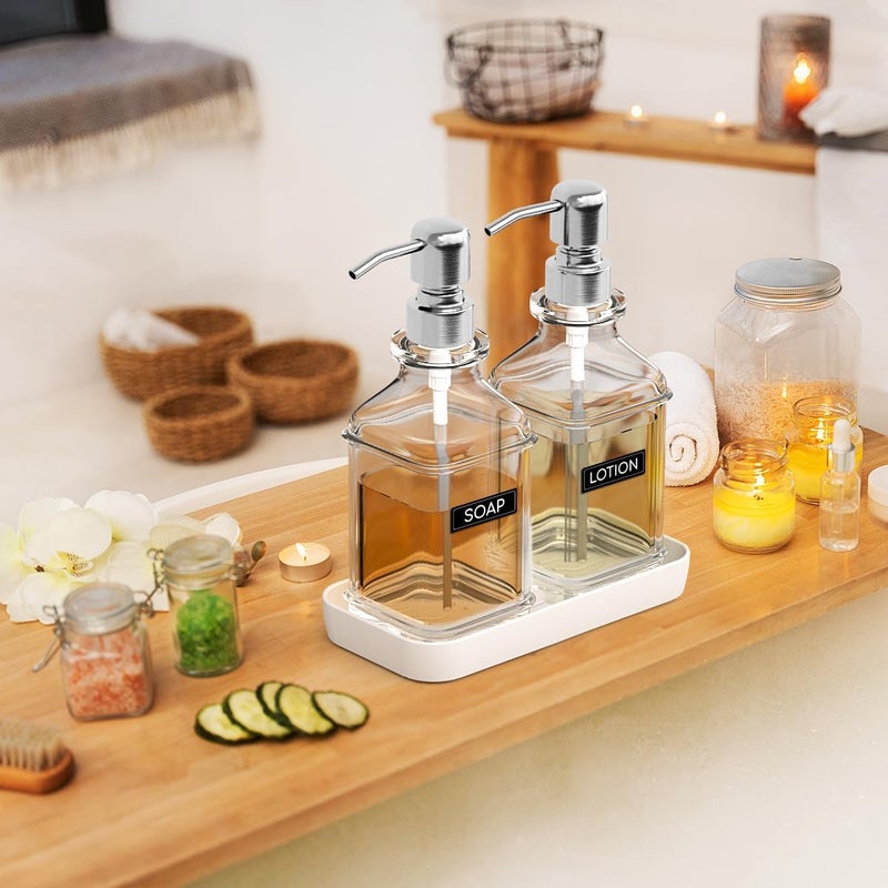 LMQML Soap Dispenser - 2 Pack, Antique Design Thick Glass Hand Soap Dispensers with Sturdy Tray; 304 Rust Proof Stainless Steel Silver Pump, 12Pcs Stickers, for Kitchen, Bathroom - Image 5